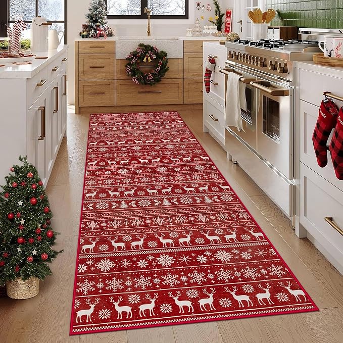Christmas Runner Rug 2x6 Washable Rugs, Boho Christmas Tree Snowflake Rug by VECARF
