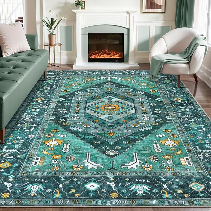 SERISSA Washable 8x10 Area Rugs Teal, Large Non-Slip Boho Living Room Rug by SERISSAHomeDecorCollection