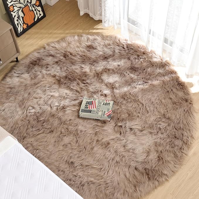 ORINOVA Beige Round Rugs 6ft Fuzzy Faux Sheepskin Washable Fluffy Fur Area Rugs - Image 3