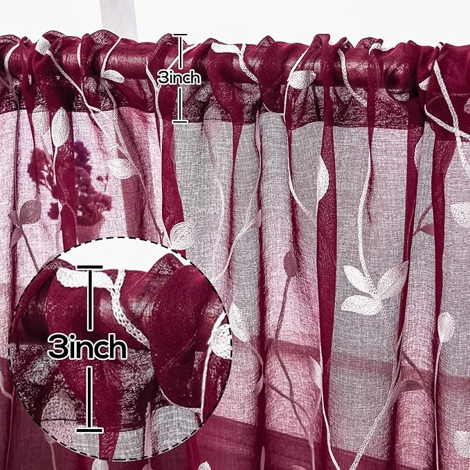 AmHoo 2 Panels Embroidered Leaf Pattern Semi Sheer Curtains Foliage Floral - Image 3