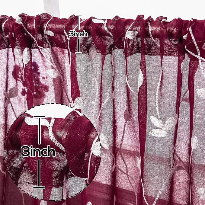 AmHoo 2 Panels Embroidered Leaf Pattern Semi Sheer Curtains Foliage Floral - Image 3