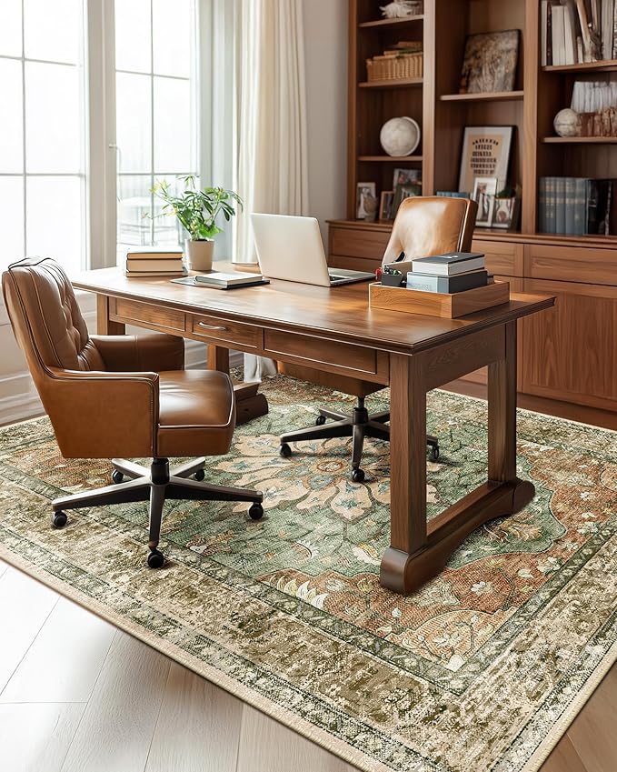 Area Rugs 6'x8' Washable Non-Slip, Floral Vintage Distress Print Pattern by RELEANY