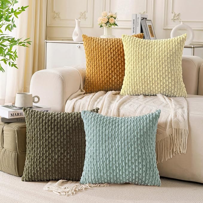 Set of 4 Pale Yellow Decorative Throw Pillow Covers 18x18 Inch Corduroy Pillow - Image 3