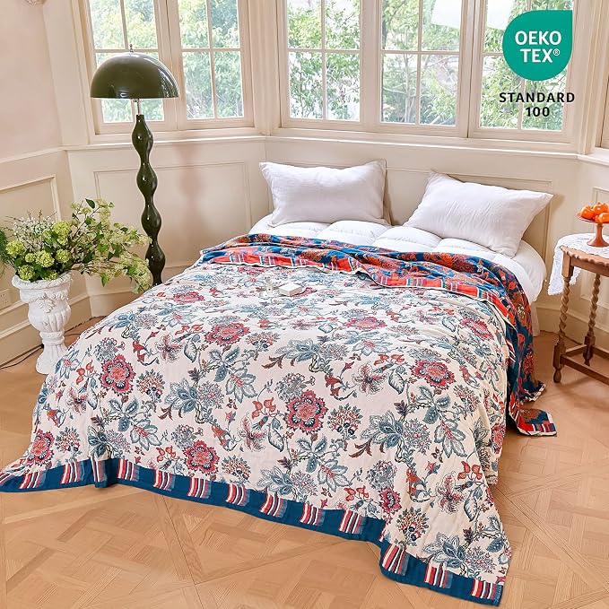 MSGKV Boho Throw Blanket 90"x90" 100% Cotton Floral Blanket - Image 6