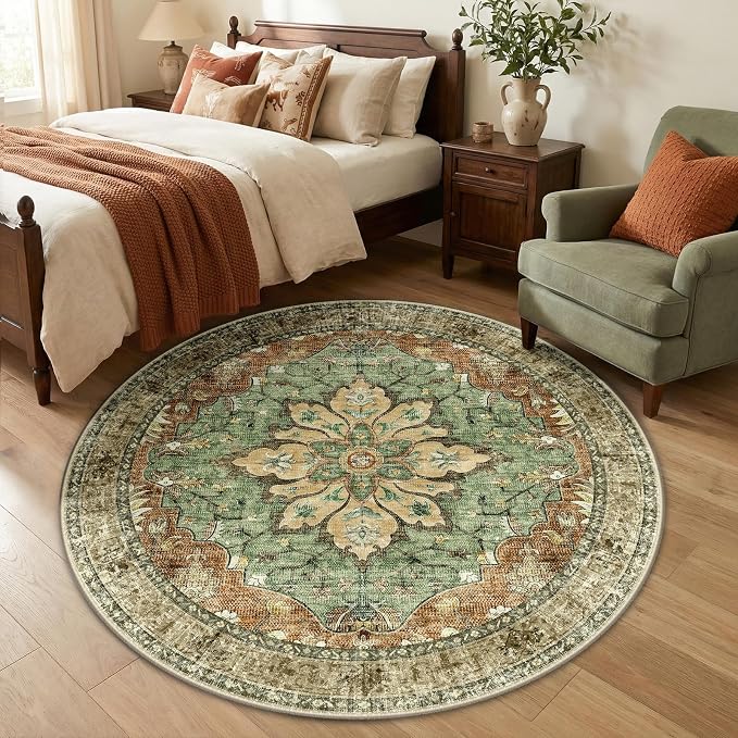 RELEANY Area Rugs 5ft Washable Non-Slip, Floral Vintage Distress Print Pattern by RELEANY