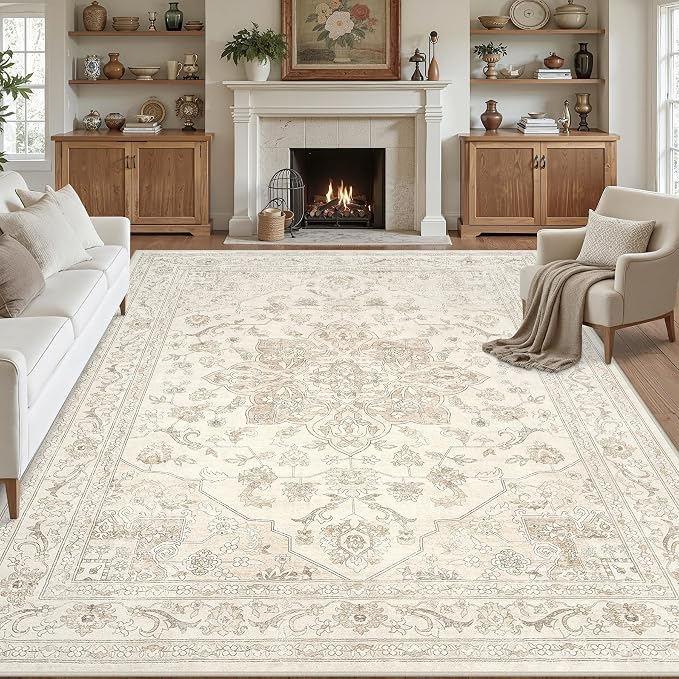 Area Rugs 9x12 Living Room: Vintage Boho Neutral Washable Rug Indoor Soft Large by Luxturiy