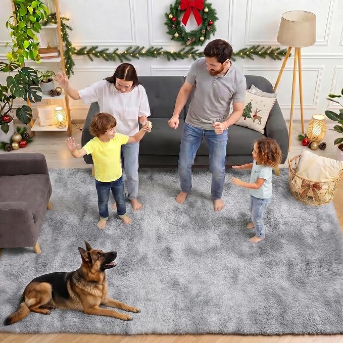 Area Rugs for Living Room Bedroom, 5x8 Fluffy Tie-Dyed Light Grey Shag Rug | - Image 5