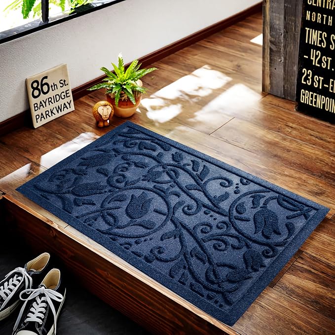 Boho Blue Floral Leaves Outdoor Indoor Entrance Doormats, Absorbent Durable - Image 4