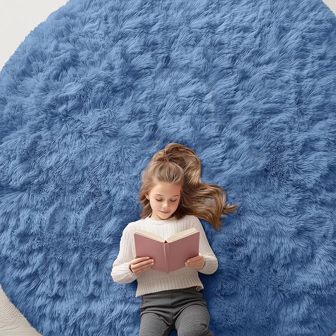 OLANLY Blue Round Rugs for Bedroom by OLANLY
