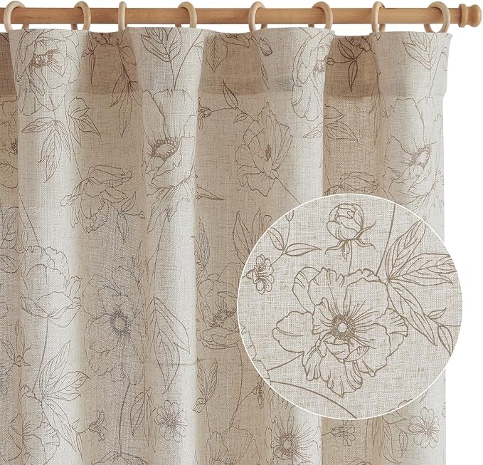 jinchan Floral Linen Curtains for Living Room 63 Inch Length Taupe Flower - Image 9