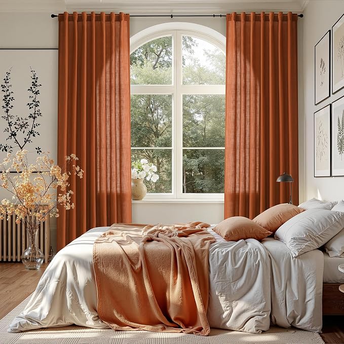 Rust Linen Curtains for Living Room 120 Inches Long Light Filtering Semi Sheer - Image 7