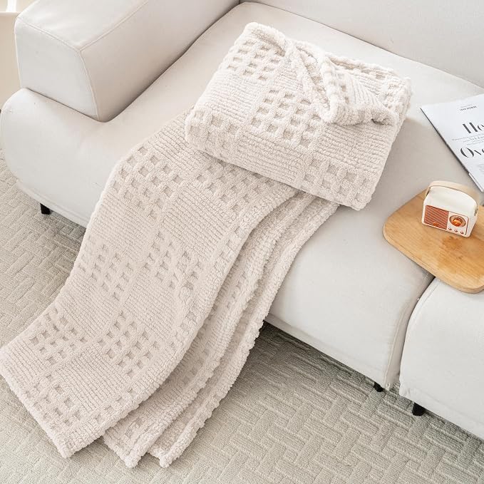 50x70 Inch Waffle Beige Throw Blanket -Fluffy Fleece, Neutral Tan Color - Image 4