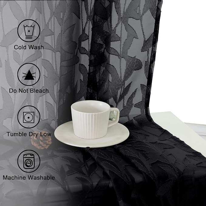 Lecloud Leia Jacquard Textured Black Semi Sheer Curtains 45 Inch Length 2 Panels - Image 3