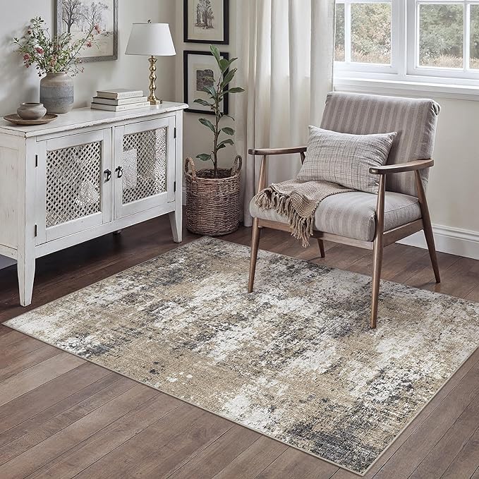 3x5 Abstract Area Rug Brown Washable Modern Neutral Office Carpet Non Slip - Image 4