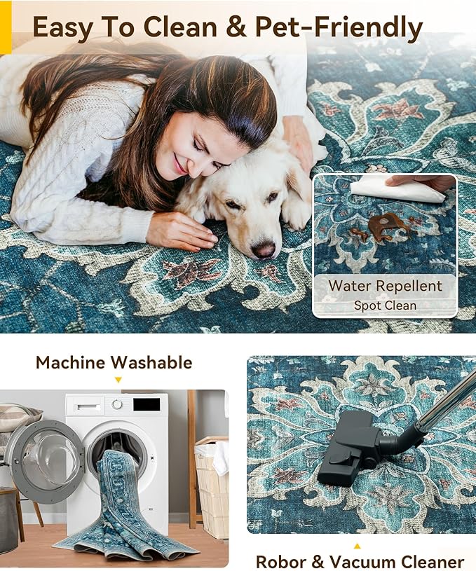Area Rugs 5'x7' Washable Non-Slip, Floral Vintage Distress Print Pattern - Image 6