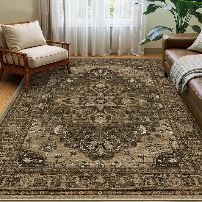 Area Rugs 5'x7' Washable Non-Slip, Floral Vintage Distress Print Pattern - Image 2
