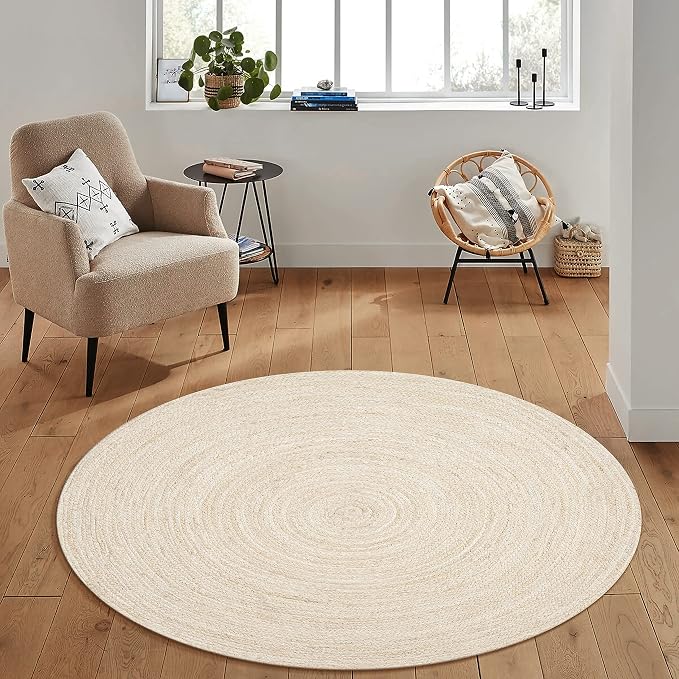 Hausattire Hand Woven Jute Braided Rug, 3’ Round – Off White, Reversible Boho - Image 4