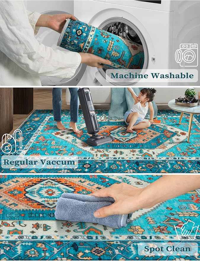 SERISSA Runner Rug for Hallways, Extra Long Boho Rug Ultra Soft Vintage Blue - Image 3