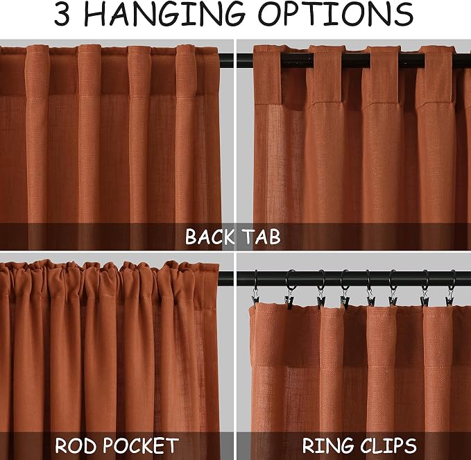 Terracotta Linen Blend Drapes 84 Inch Length 2 Panels Set Back Tab Rod Pocket - Image 3