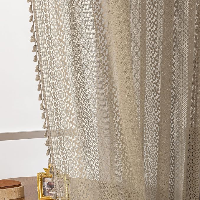 WAZZIO Boho Lace Curtains 84 Inches 2 Panel, Light Filtering Privacy Tassel & - Image 4