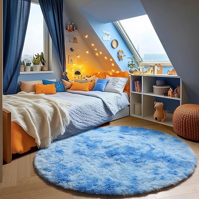 ONASAR Round Rugs 6ft for Living Room Bedroom, Tie-Dye Blue Fluffy Circle Area - Image 5