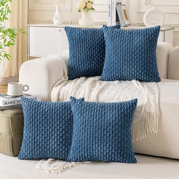 Set of 4 Blue Decorative Throw Pillow Covers 26x26 Inch Corduroy Pillow Covers by Cozoomy