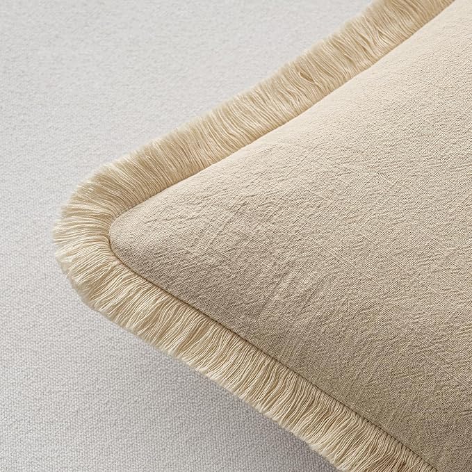 MIULEE Decorative Lumbar Throw Pillow Covers Neutral Linen Fringe Throw Pillows - Image 3