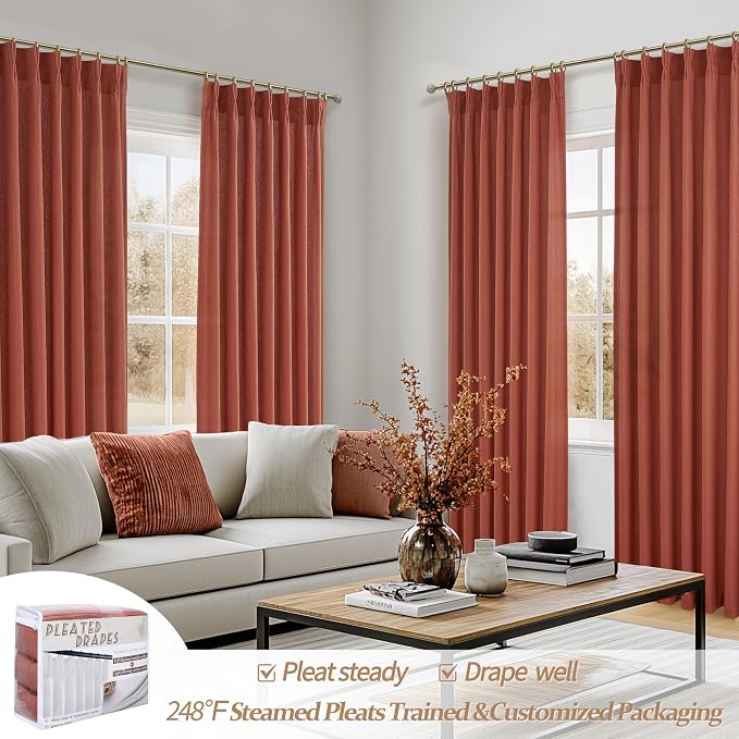 Pinch Pleated Burnt Orange Semi Sheer Curtains 102 Inches Long 2 Panels Set - Image 5