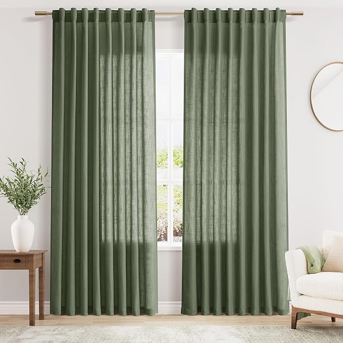 Nanspring Olive Green Linen Sheer Curtains 84 Inch Length 2 Panels by Nanspring