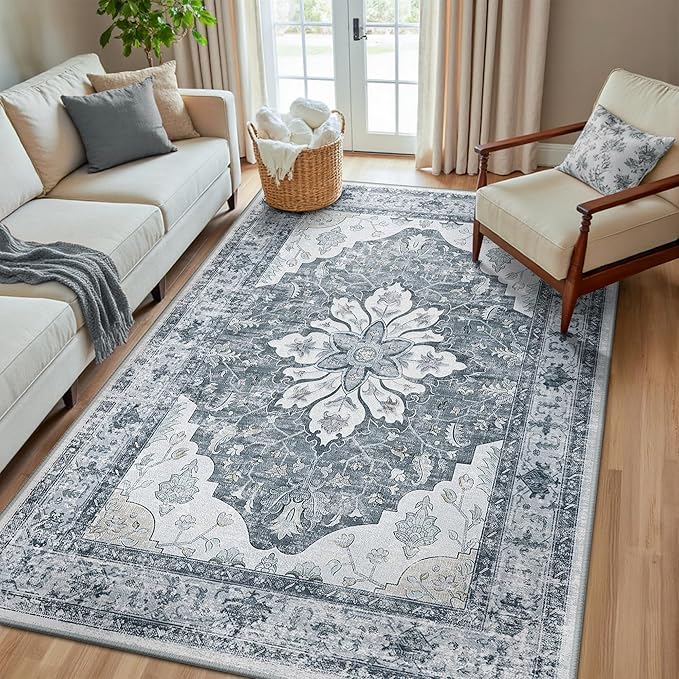 RELEANY Area Rugs 5'x8' Washable Non-Slip, Floral Vintage Distress Print by RELEANY