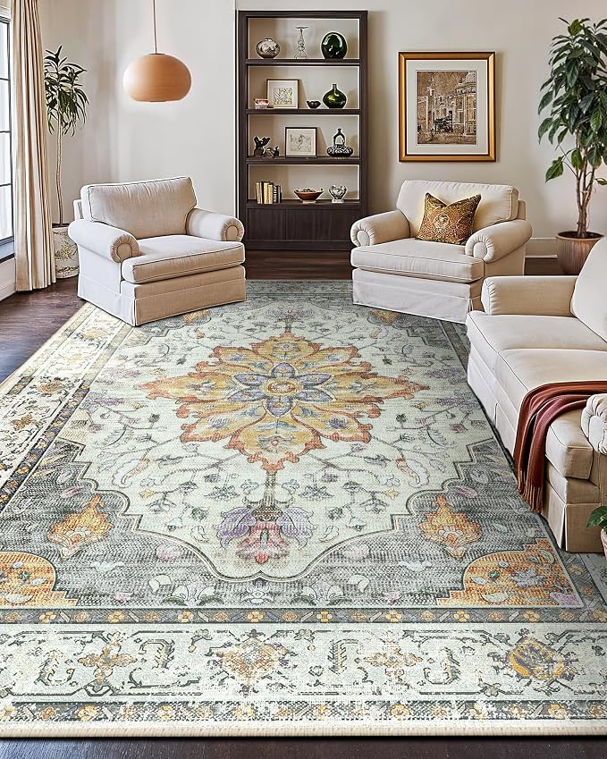 Area Rugs 9'x12' Washable Non-Slip, Floral Vintage Distress Print Pattern - Image 7