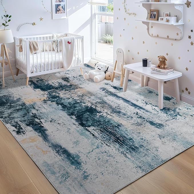 Living Room Rug 7x10 Aqua Blue Area Rugs Machine Washable Abstract Boho Large - Image 3