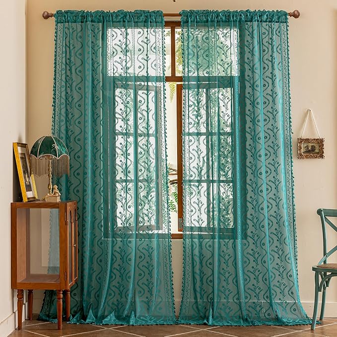 WAZZIO Boho Lace Curtains 2 Panels 84 Inch -Victorian Sheer Panel Drape French - Image 2