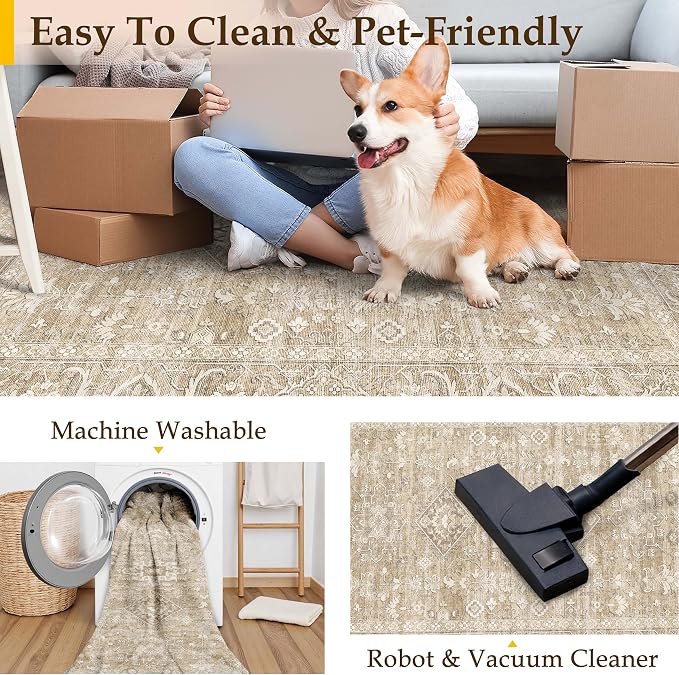 8x10 Washable Area Rug for Living Room Bedroom Vintage Beige Non Slip Carpet - Image 4