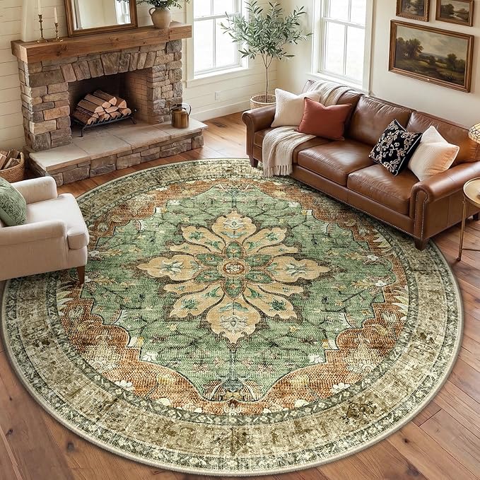 Area Rugs 8ft Washable Non-Slip, Floral Vintage Distress Print Pattern by RELEANY