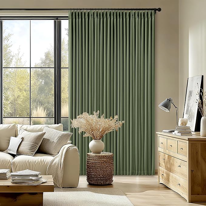 105 Inch Olive Green Linen Pinch Pleated Blackout Curtains - Image 9
