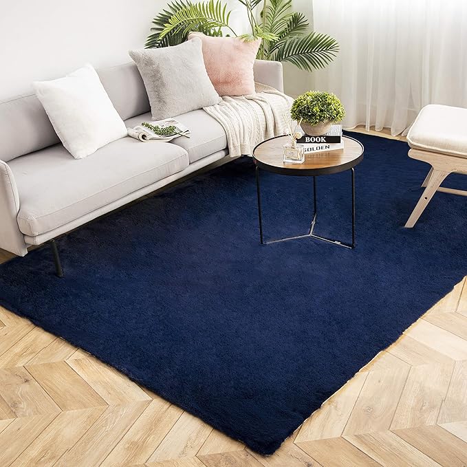 Ashler Faux Fur Rug, Ultra Soft Faux Rabbit Fur, Dark Blue Area Rugs, 6 x 9 by AshlerHomeDeco