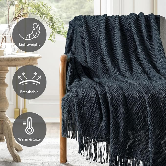 BOURINA Navy Throw Blanket 50x60 Inches Throw Textured Solid Soft Ripple Throws - Image 3