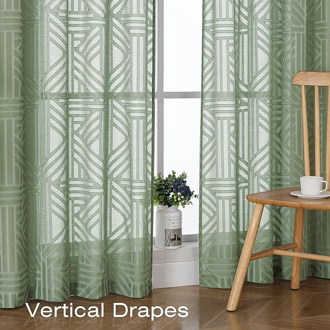 Simplebrand Sage Green Semi Sheer Curtains 45 Inch Length 2 Panels, Geometric - Image 5