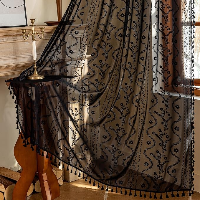WAZZIO Boho Lace Curtains 63 Inch -Vintage Victorian Sheer Panel Drape Floral by WAZZIO
