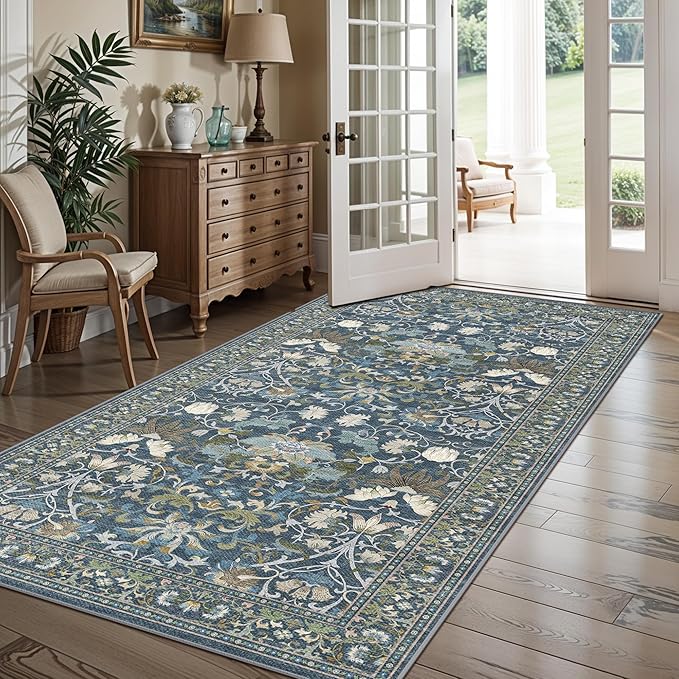 4x8 Washable Kitchen Area Rug: Farmhouse Stain-Resistant Elegant Floral Rug by HYHAOYUNLAI
