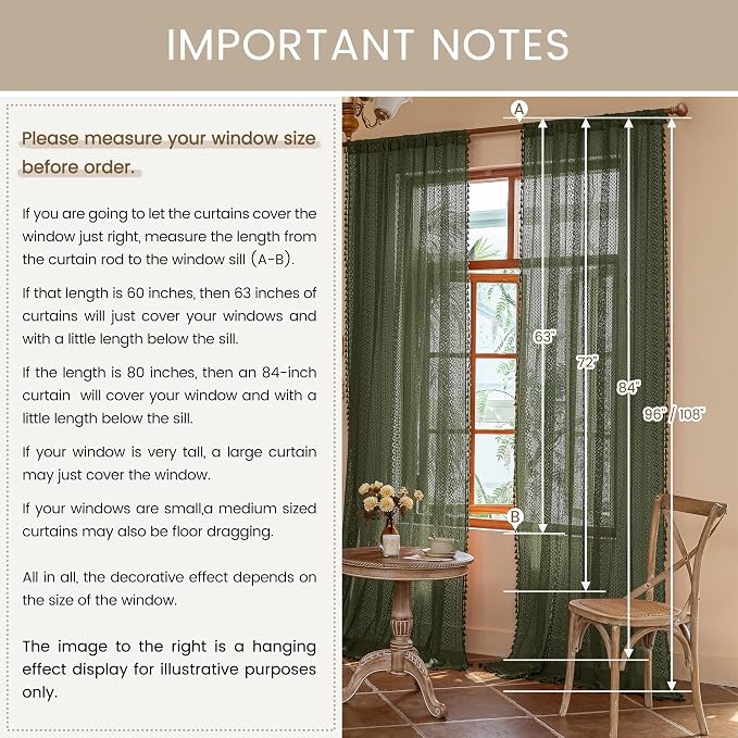 WAZZIO Boho Lace Curtains 84 Inches 2 Panel, Light Filtering Privacy Tassel & - Image 8