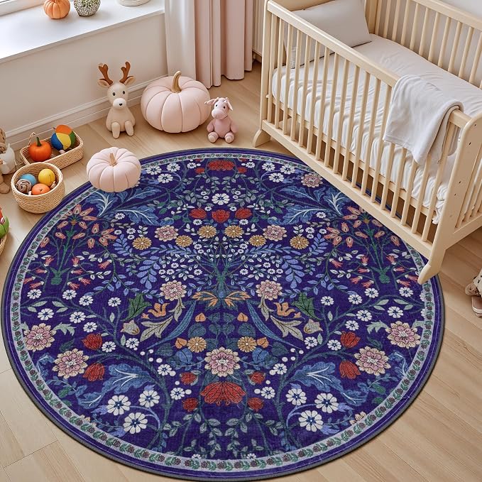 Round Area Rug for Living Room: 4 ft Floral Washable Circle Rug Soft Boho - Image 5