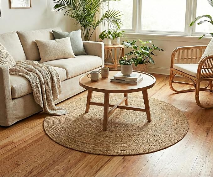 Hausattire Hand Woven Jute Braided Rug, 4’ Round – Natural, Reversible Boho - Image 3