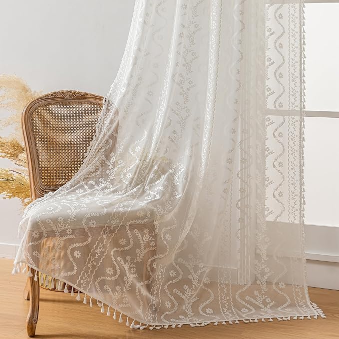 WAZZIO White Boho Lace Curtains 84 Inch -Cute Vintage Victorian Sheer Panel - Image 6