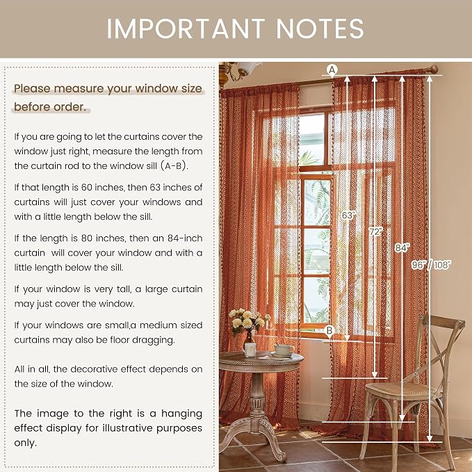 WAZZIO Boho Lace Curtains 84 Inches 2 Panel, Light Filtering Privacy Tassel & - Image 10
