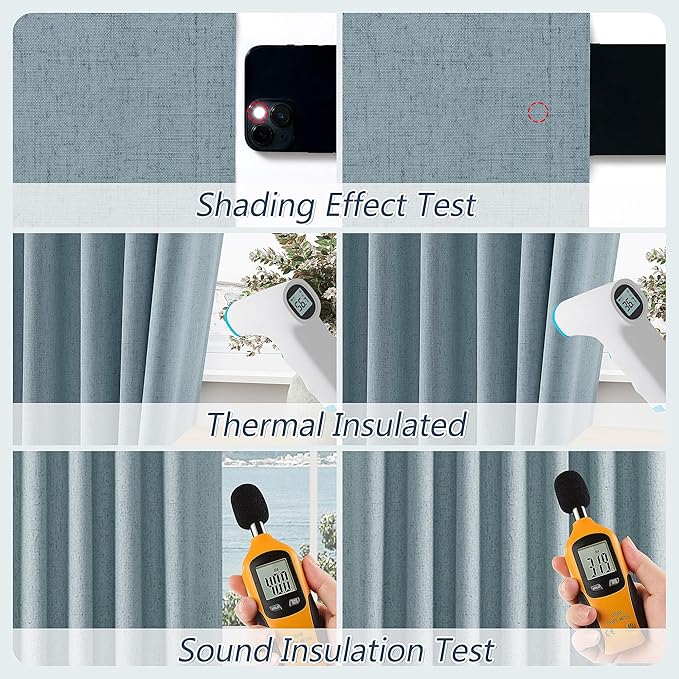 Guken Blue 100% Blackout Linen Curtains 132 Inch Length 2 Panels Set - Image 4