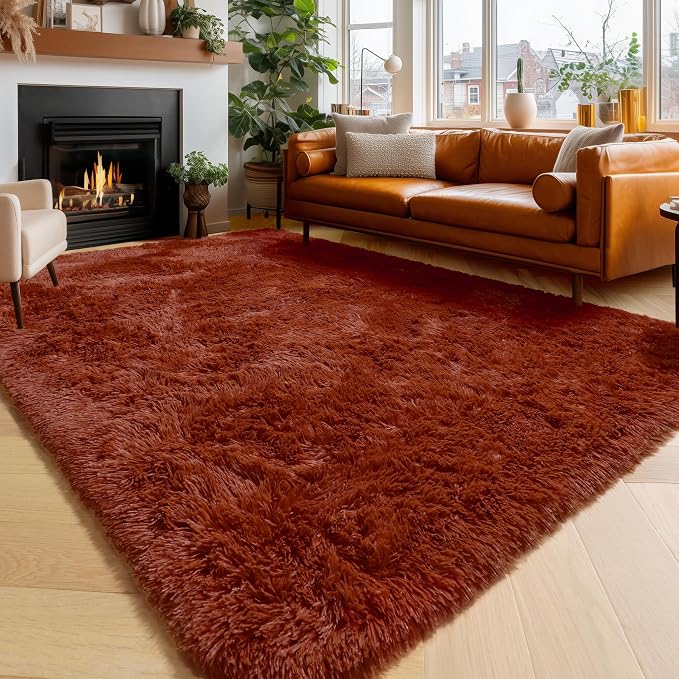 Amdrebio Terracotta Rust Fuzzy Area Rug 8x10 by Amdrebio