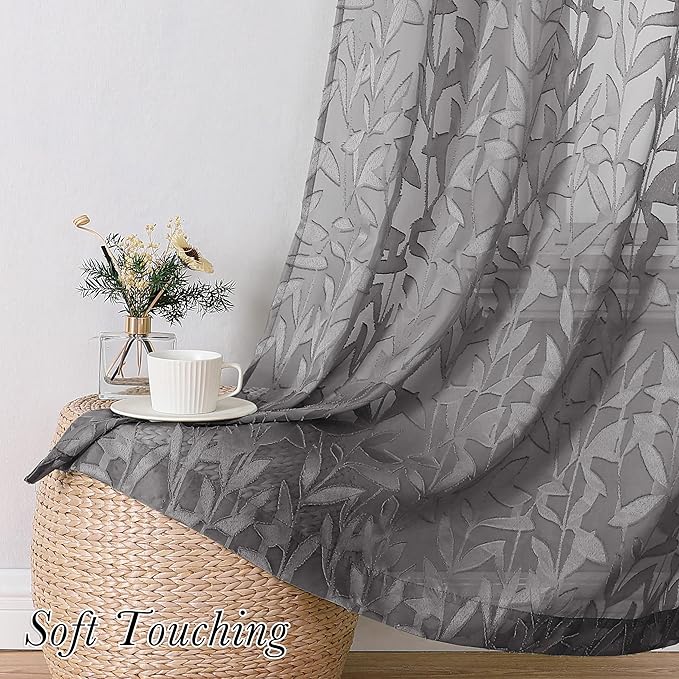 Lecloud Leia Clip Textured Charcoal Grey Sheer Curtains 63 Inch Length 2 Panels - Image 3