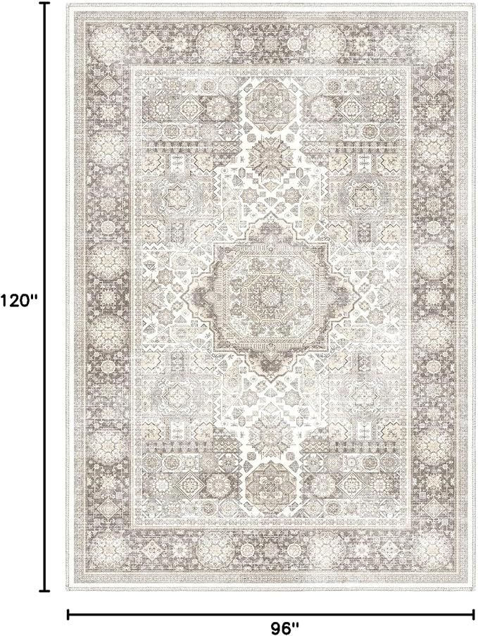 8x10 Rug - Cream & Grey Area Rug - Foldable Non Slip Vintage Rugs - Image 2